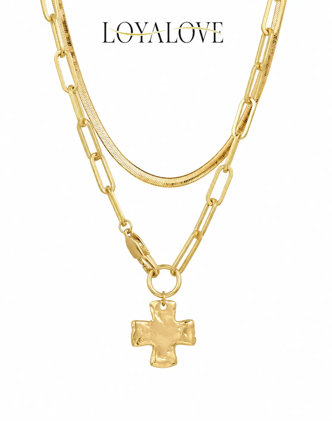 LOYALOVE 14K Gold Plated Layered Cross Necklace for Women, Chunky Paperclip Chain & Snake Chain Necklace, Hammered Cross Pendant, Trendy Y2K Statement Jewelry