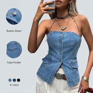 Imily Bela Women's Strapless Denim Vest Summer Button Down Jean Tube Top Y2k Fitted Bandeau Shirt with False Pocket