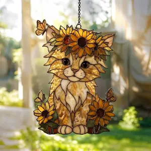 Cat and Sunflower Acrylic Suncatcher, Cute Cat Window Hanging with Butterflies, Home Decor, Cat Lover Gifts