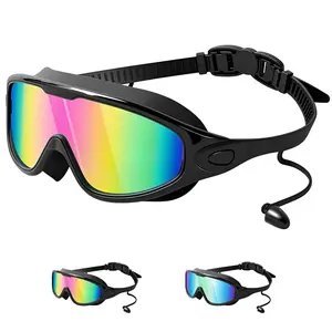 2 Pack Swim Goggles with Waterproof Earplugs & Nose Clip for Adults/Kids, Anti-Fog Full-Coverage 180 ° Wide View Swim Goggles, Bright Multicolor UV Lens, Fit Outdoorfun