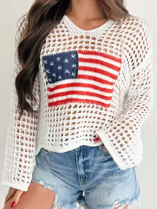 Women's American Flag Crochet Sweater Hollow Out Knit Pullover Lightweight Summer Hoodie Patriotic 4th of July Tops