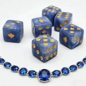 6pcs Carved Golden Unique Symbol Hexahedral Dice, Spiritual Blue Dice, Sunflower Fan Design, Suitable for Board Games