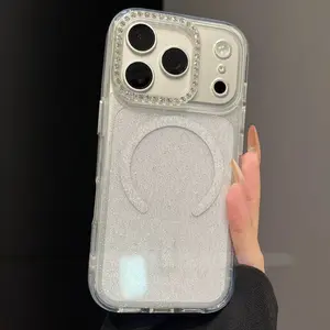 Glitter Bling MagSafe Magnetic iPhone Case, Rhinestone-Encrusted Camera Frame Shockproof Transparent Protective Cover for iPhone 12 13 14 15 16 Pro Max，Flexible transparent bumper provides daily drop protection