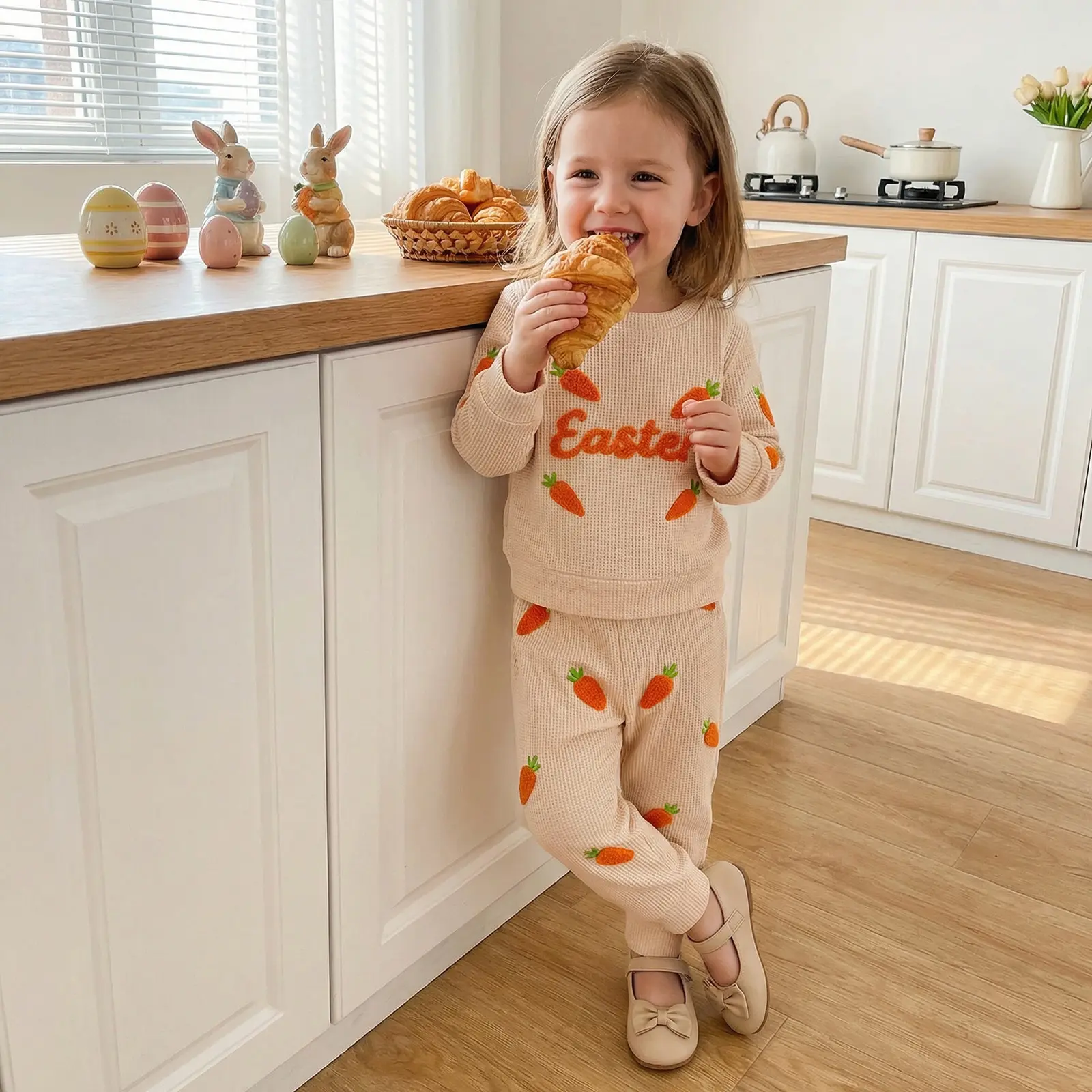 Toddler Baby Girl 2-Piece Easter Waffle Set - Rabbit/Carrot Long-Sleeve Elastane Sweatshirt & Pants, for 12-18 Months, 2-3 Years, Animal-Themed Spring Outfit, Animals, 18-24M