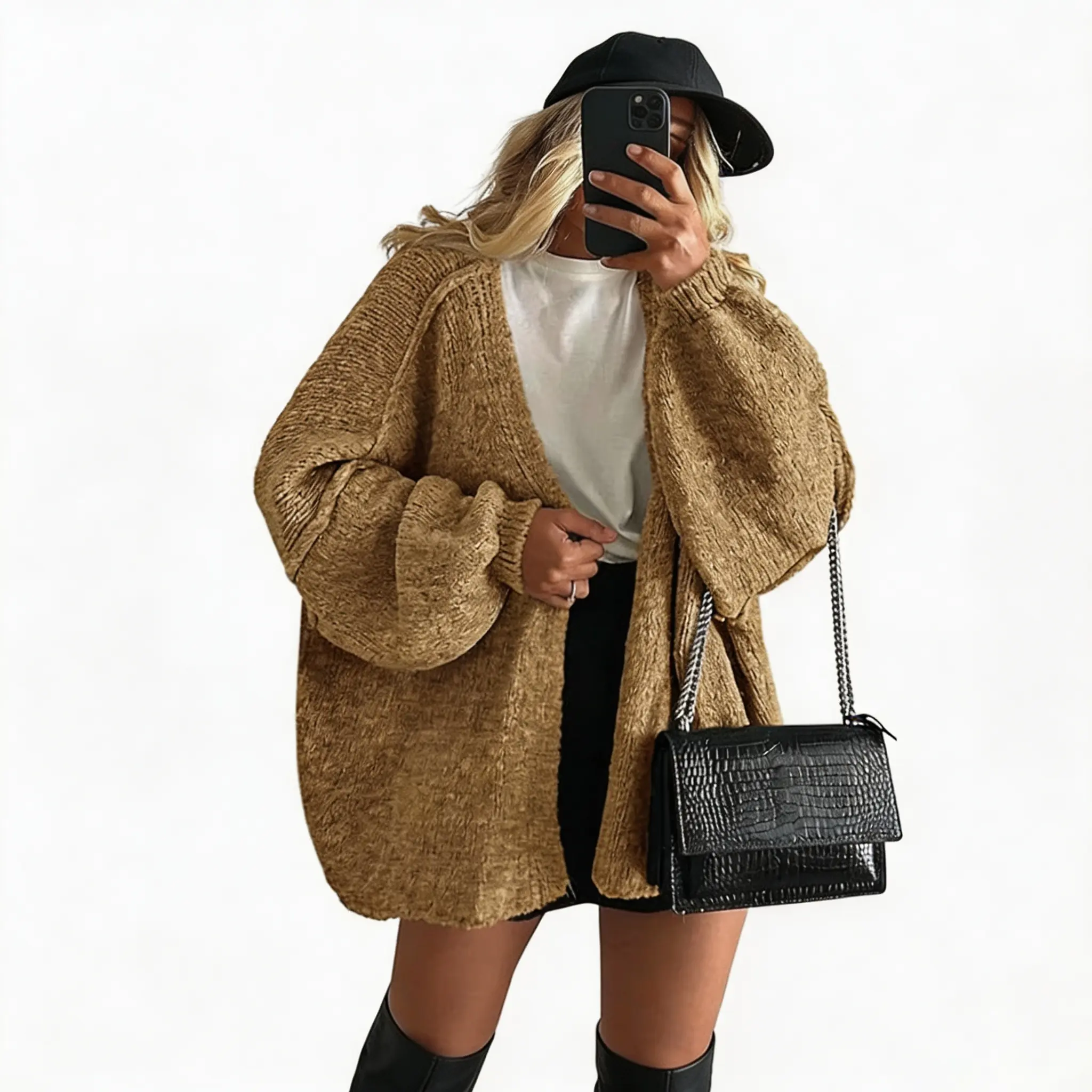 Women's oversized cardigan sweater for fall, long lantern sleeves, open front, lightweight knitwear top
