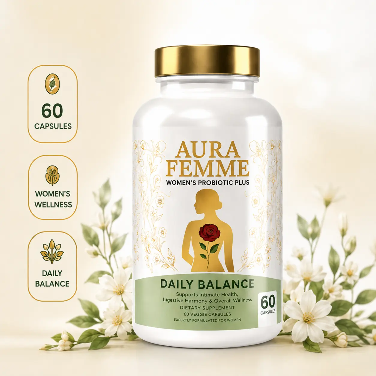 Aura Femme Women's Daily Balance Dietary Supplement - 100B CFU Probiotic Plus, Prebiotics, Digestive Enzymes - 60 Capsules