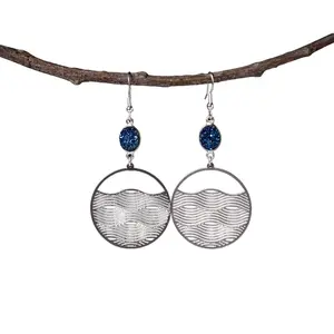 Wave Length Earrings - Ocean-Inspired Silver Charms with Laser-Cut Wave Patterns & Dark Blue Druzy Connectors - Lightweight Hypoallergenic Jewelry