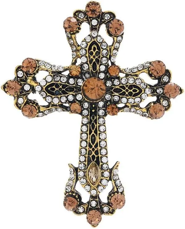 Women's Vintage Cross Brooch - Elegant Antique Turquoise Stone, Synthetic Cubic Zirconia Crystal Lapel Pin, Secure Closure, Round Gems, Alloy Metal Ornate Religious Jewelry Gift for Christian, Everyday Wear