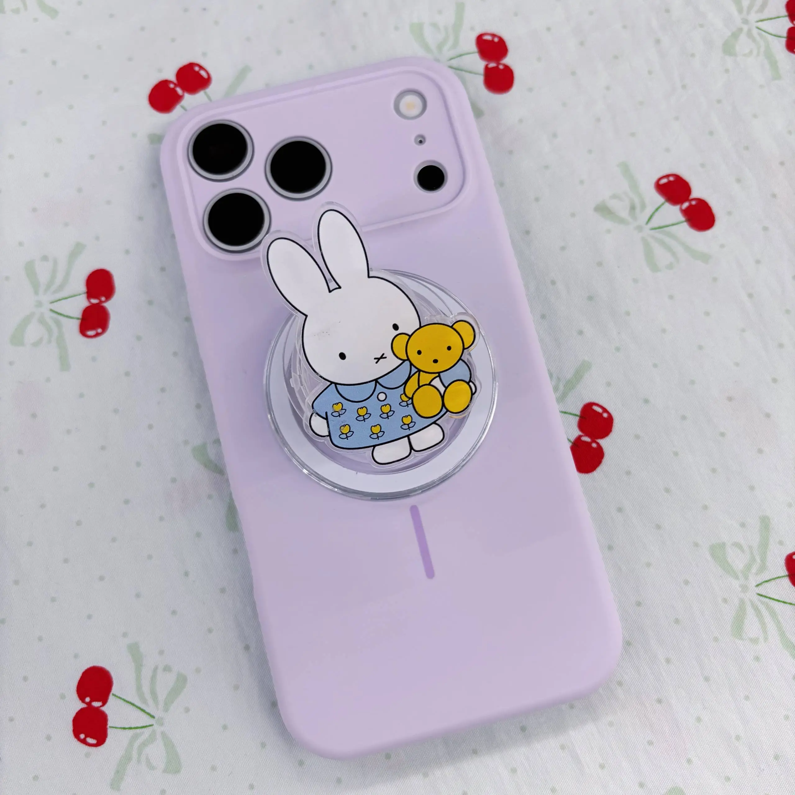 Kawaii Bunny Teddy Bear MagSafe Phone Grip Acrylic GripTok - Cute Pajama Rabbit Cell Phone Stand Holder, Soft Girl Gift for Teens Adults