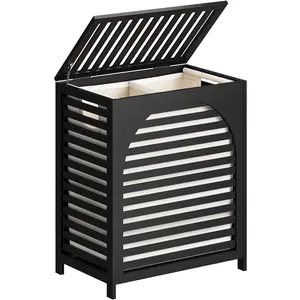 Black Laundry Hamper, Laundry Hamper with Lid, 27.3 Gallon (103L) Bamboo Wood Clothes Laundry Basket with Lid and Handles, Removable Liner