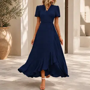 Women's Summer Wrap Maxi Dress Casual Boho Polka Dot V Neck Short Sleeve Ruffle Hem Split Beach Long Dresses