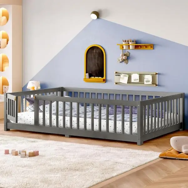 Bellemave  Montessori concept floor bed with safety barrier.  Low bed frame with no sharp edges and corners design, minimizing the risk of collision to the greatest extent possible