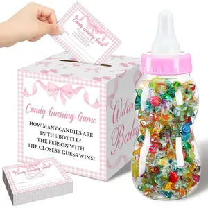 52 Pcs Baby Shower Games Gift Sets Large Baby Bottle for Shower Game Guess How Many Candies Decorations for Gender Reveal (Pink Bow)