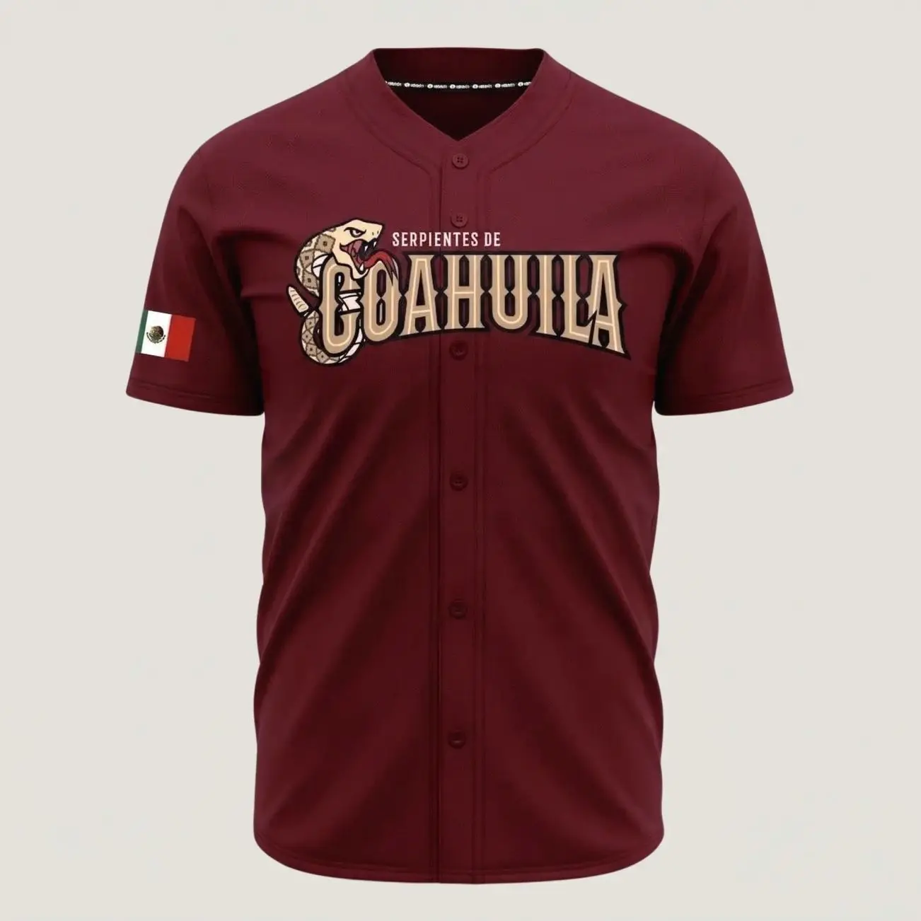 Serpientes de Coahuila Maroon Baseball Jersey – Mexico Heritage Snake Graphic Button-Up Sports Shirt, Mexican Pride Fan Apparel, Lightweight Athletic Game Day Jersey
