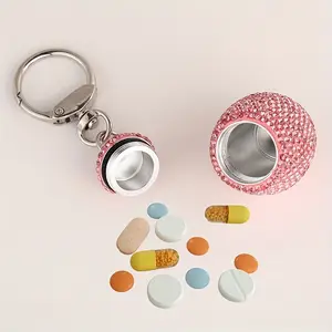 1pc Metal Crystal Pill Organizer with Rhinestones, Designed for Travel And Outdoor Use, Featuring a Trendy Cute Keychain Pill Dispenser in Mixed Colors. It'S a Waterproof Portable Pillbox That Can Also Serve As a Charm Or Bag Accessory