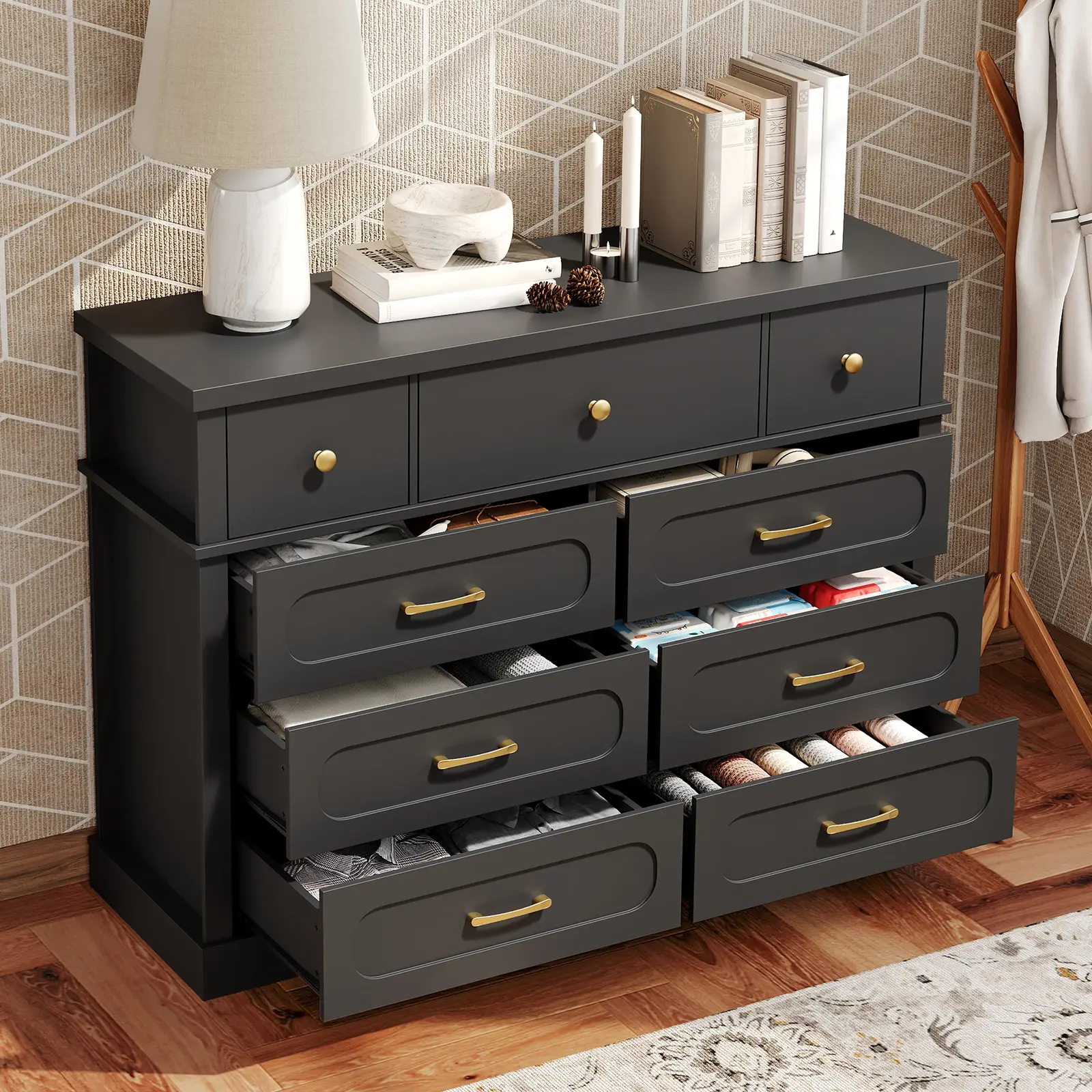 MAHANCRIS 47.2'' Drawers Dresser for Closet, 9 Farmhouse Chest of Drawers, for Bedroom, Living Room, Hallway and Entrance
