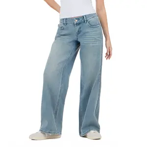 Low Rise Wide Leg Denim Pant with Stud Details