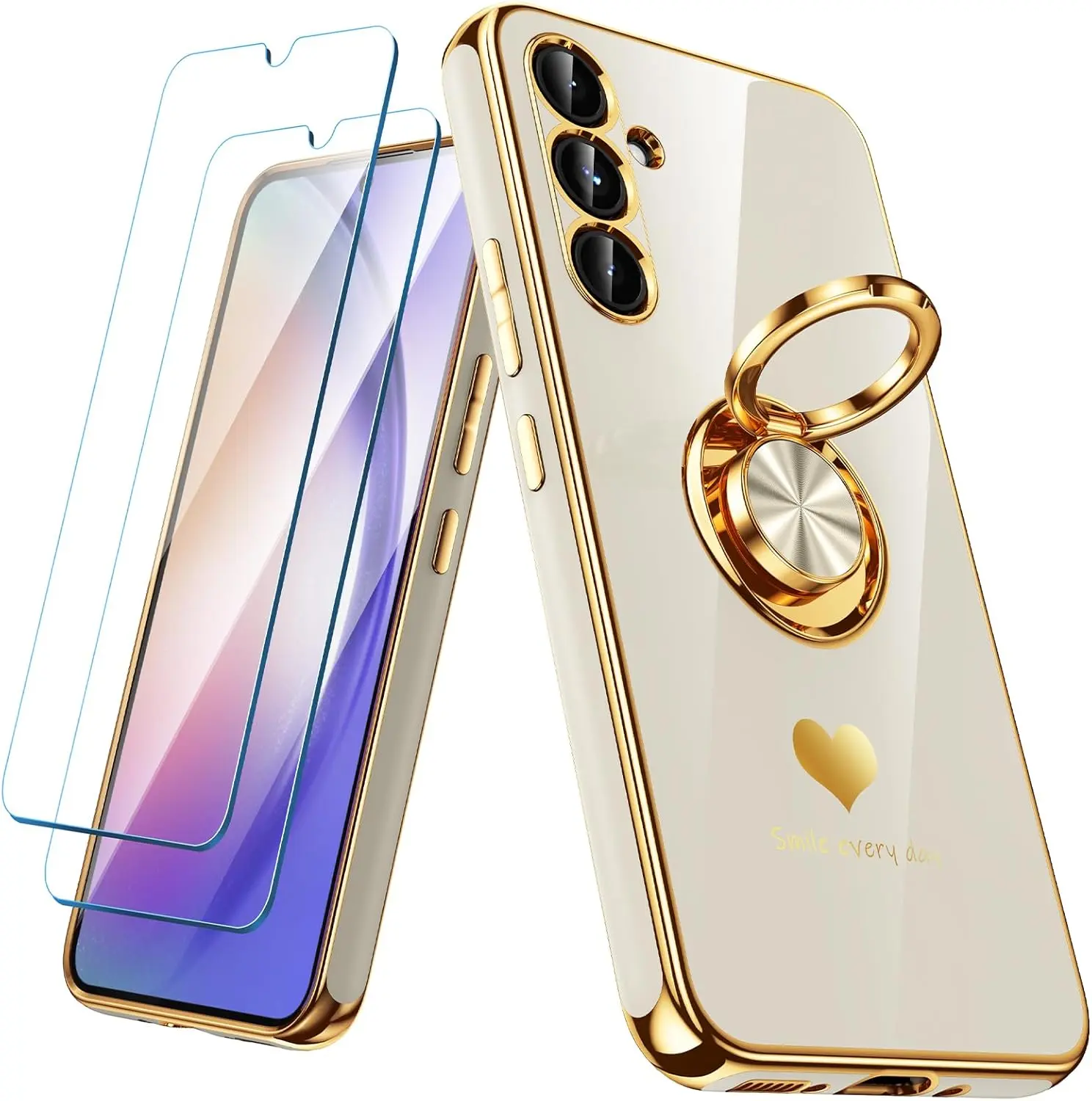 for  Galaxy A54 5G Case with 2 Pack Screen Protector, 360 Rotatable Ring Holder [Luxury Hearts ]   Edge Slim Soft Phone Cover Case for Galaxy A54 - White
