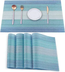 Heloho Placemats Set of 4,Vinyl Table Place Mats Stain Resistant Foldable Placemats Washable Wipeable Placemat for Kitchen Dining Table Decoration Indoor Outdoor（Blue） HeloHo