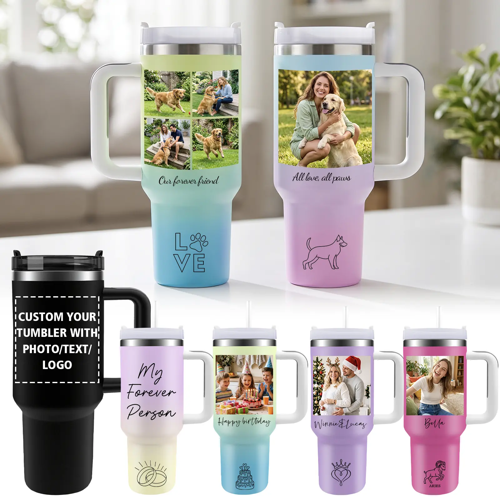 Personalized 40oz Tumbler with Straw Lid, Custom Photo, Pet Portrait or Company Logo, Stainless Steel Vacuum Insulated Travel Mug, UV Printed Gift for Women & Men