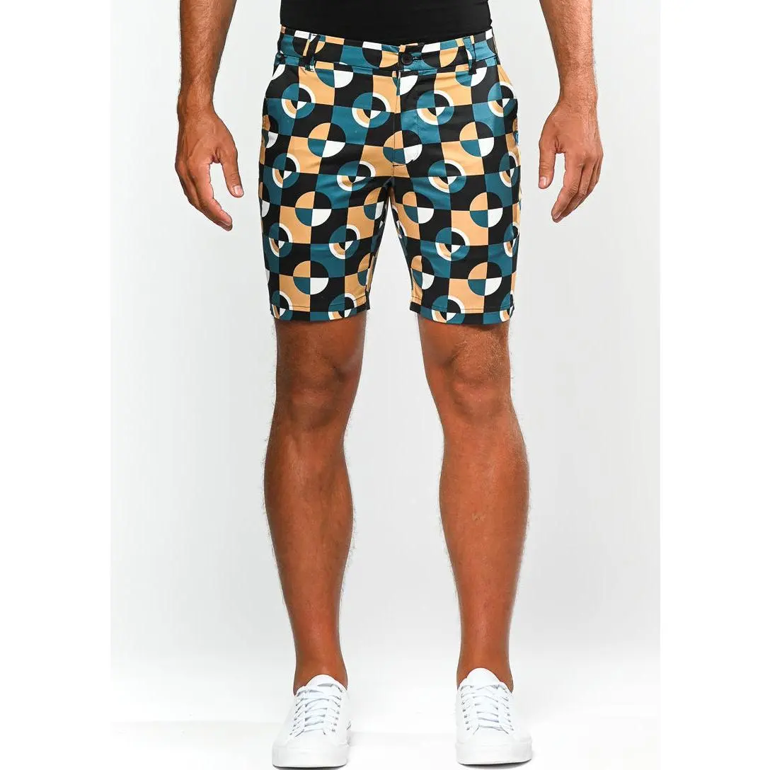 CAMEL/MARINE CIRCLES 8" PRINTED STRETCH WOVEN SHORTS PM-24706