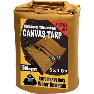 Heavy Duty Canvas Tarp 5x10  16oz Water-Resistant Canvas with Grommets, Resistant, Durable, Multipurpose Protective Tan Tarp Cover for Camping, Tent,
