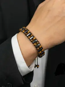 Men's Tiger Eye & Bloodstone Bracelet, Adjustable Boho Style Beaded Chain, Natural Stone Protection Beads, Perfect Gift for Father's Day Birthday