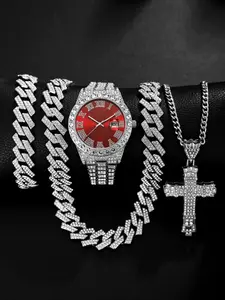 4pcs Stylish Men's Quartz Watches, Punk Cuban Chain Cross Necklace and Bracelet, Jewelry Set, Multiple Colors, Perfect Gift for Holidays