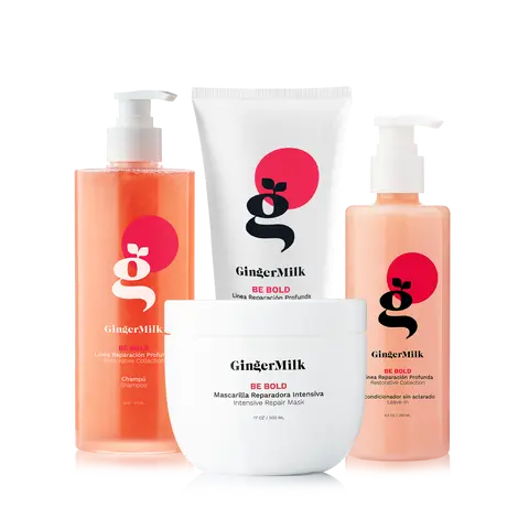 Be Bold Repair Kit | Shampoo 16 oz + Mask 17 oz + Leave-In 8 oz + Protein Gel 9 oz | Strengthening & Repairing Care for Dry, Damaged & Over-Processed Hair | Ginger Milk