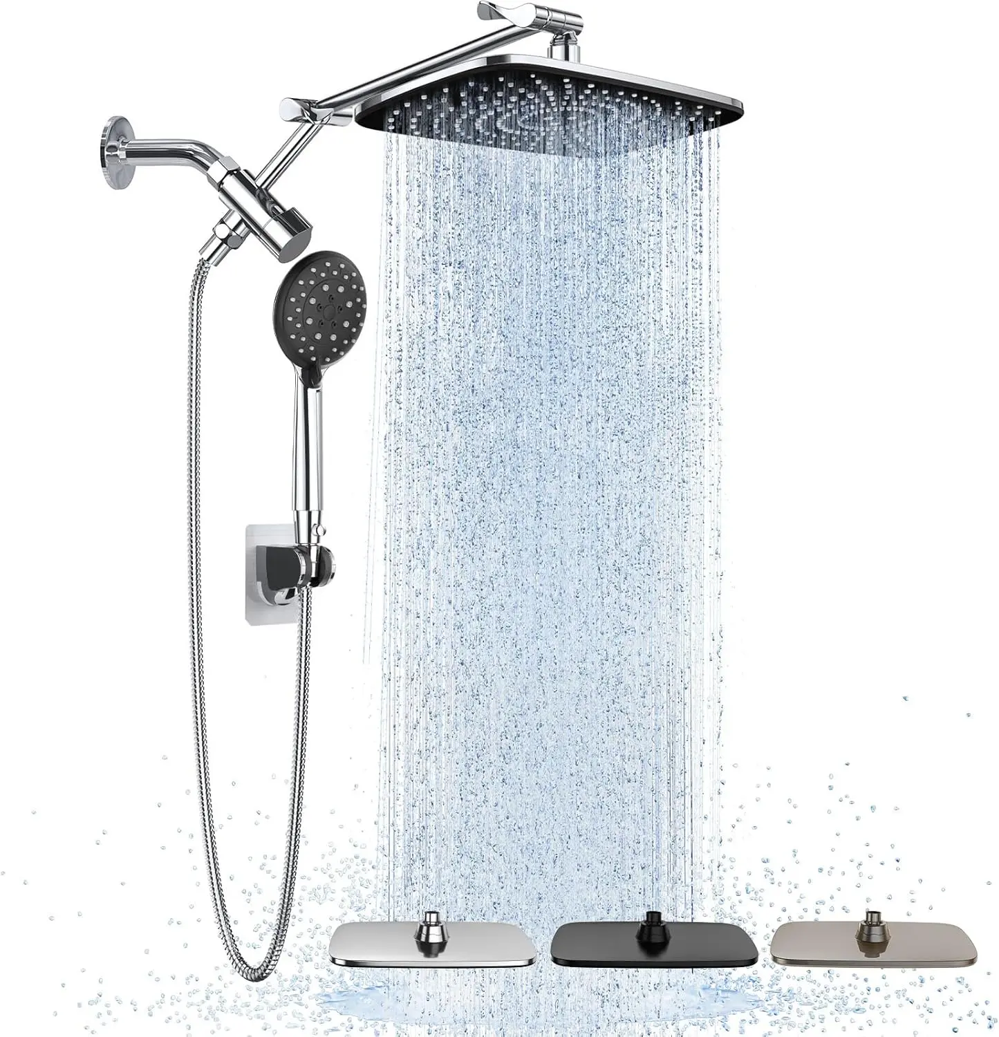 Wide High Pressure Rain Shower Head with Handheld, Handheld Shower Heads with Multi Spray Modes, Rainfall Combo with 15" Metal Extension Arm,Detachable Dual Shower, Bathroom Decor,Chrome Silver