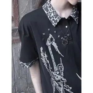 Y2k Aesthetic Printing Vintage Casual Tops 2025 Streetwear Leopard Patchwork Tshirts Women Grunge Turn Down Collar Harajuku Tees