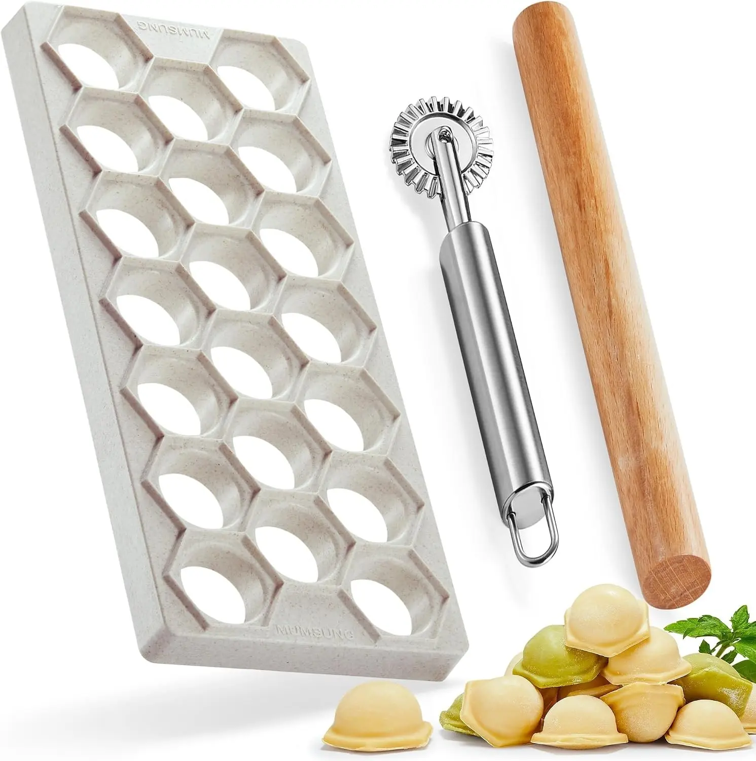 Russian Ravioli Maker Dumplings Mold, Pelmeni Mold Dumpling Maker Machine | 20-Hole Plastic Pelmeni Set with Wood Rolling Pin and Wheel Cutter, Manual Dough Tool Kit