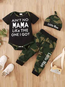 Baby Boys' Letter Print Romper Set, Camouflage Pants & Hat, Cute for Newborns, Comfortable Clothing for Daily Wear, Newborn Gift Set