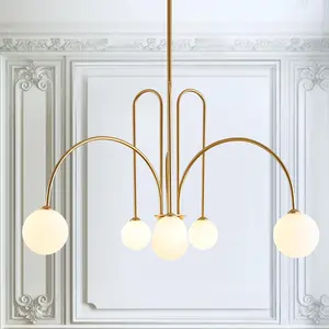 Gold Sputnik Chandelier, 6 Lights Large Modern Mid Century Long Ceiling Pendant Light Fixtures L40” with Milk Glass Globe Shades for Dining Room High Ceiling Foyer Living Room