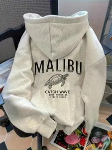 Women's Vintage Malibu Turtle Print Hoodie, Casual Loose Fit Pullover Sweatshirt, Spring & Fall Fashion, Comfortable Streetwear Top, Graphic Print Hoodie