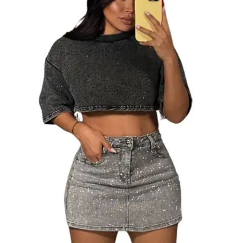 Natali Collection - Studded Denim Skort - Women's Casual Skirt with Studded Design and Front Pocket - Womenswear Bottom Elegance