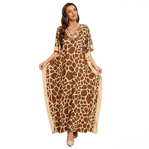 Plus Size Mumu Dresses for Women - Boho Batwing Sleeve Caftan with Side Slits, Long Moo Moo Nightgown & Beach Cover Up - Giraffe