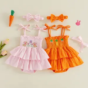 Newborn Baby Girl Easter Outfits Bunny Carrot Sleeveless Romper Dress Bodysuit with Headband Summer Clothes Infant Cute 2Pcs Set