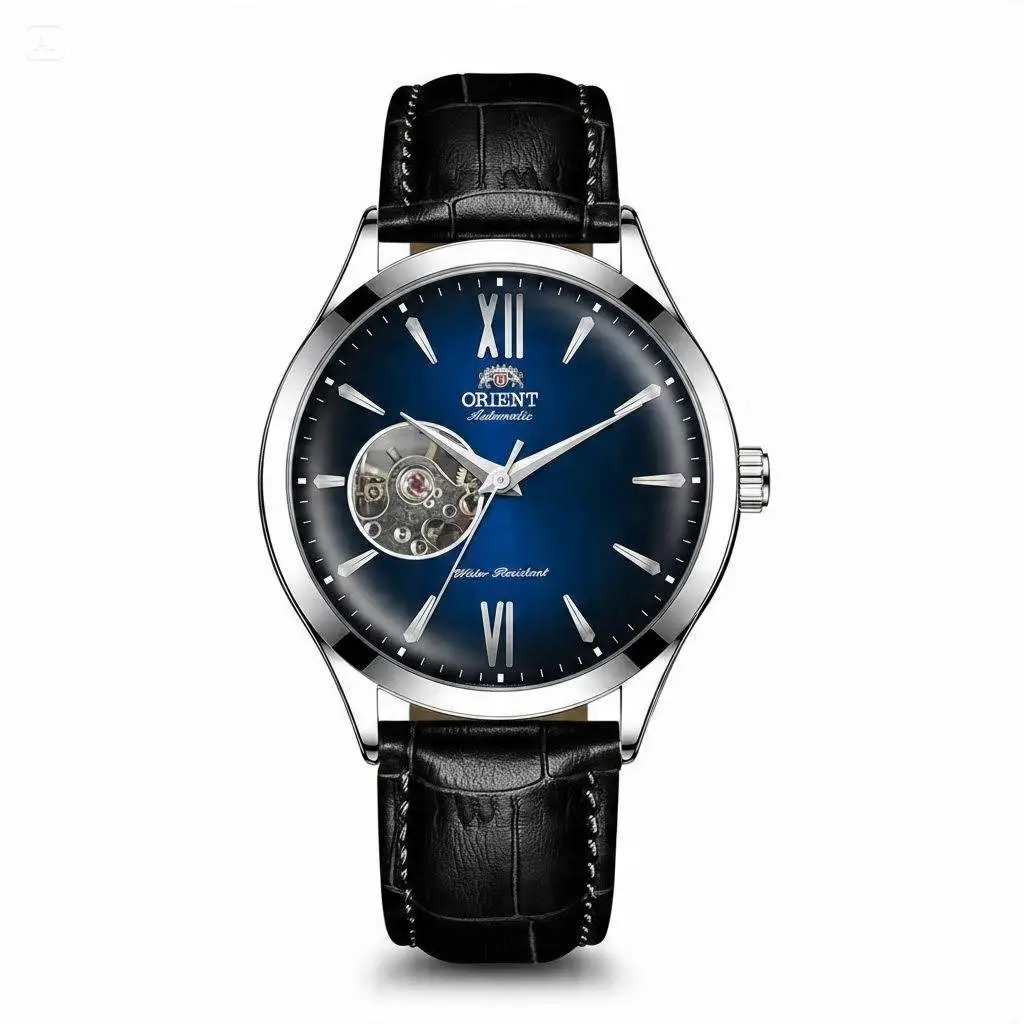 Orient Rose-Gold Skeleton Automatic Men's Watch, Deep-Blue Partial Open-Heart Dial, Roman Numeral Markers, Visible Mechanical Movement, Brown Crocodile Leather Strap, Water-Resistant Elegant Self-Winding Dress Watch, Premium Gentlemen's Gift