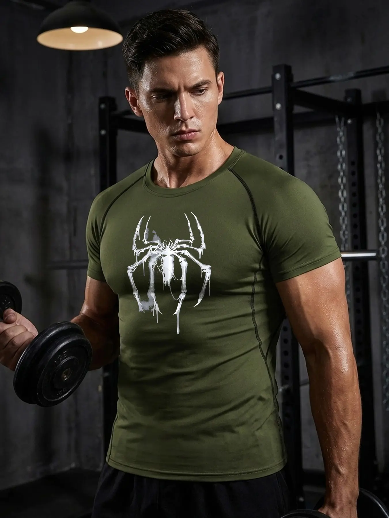 Spider Print Short Sleeve Compression Shirt for Men, Tight Fit Sporty T-Shirt Tees Tops for Gym Workout Fitness Running, Summer Quick-Dry Breathable Round Neck Tshirt, Sportswear Activewear, Fitness Apparel, Fitness Clothes