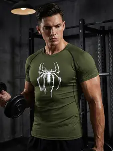 Spider Print Short Sleeve Compression Shirt for Men, Tight Fit Sporty T-Shirt Tees Tops for Gym Workout Fitness Running, Summer Quick-Dry Breathable Round Neck Tshirt, Sportswear Activewear