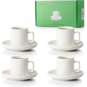 2.5OZ Mini Espresso Cups Set of 4, White Cream Ceramic Demitasse Espresso Mugs with Saucers, Small Coffee Cups for Single/Double Espresso Shots