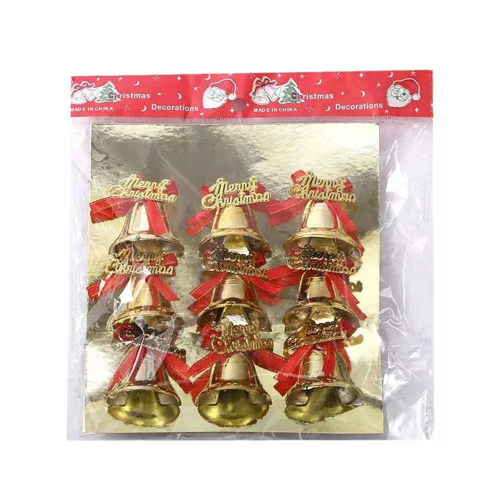 Christmas Gold Bell Set Includes 6 or 9 2-inch metal gold bells with red bows and Christmas greeting tags, Christmas tree ornaments, festive decorations. Bells come with red ribbons. Christmas gifts vintage decor
