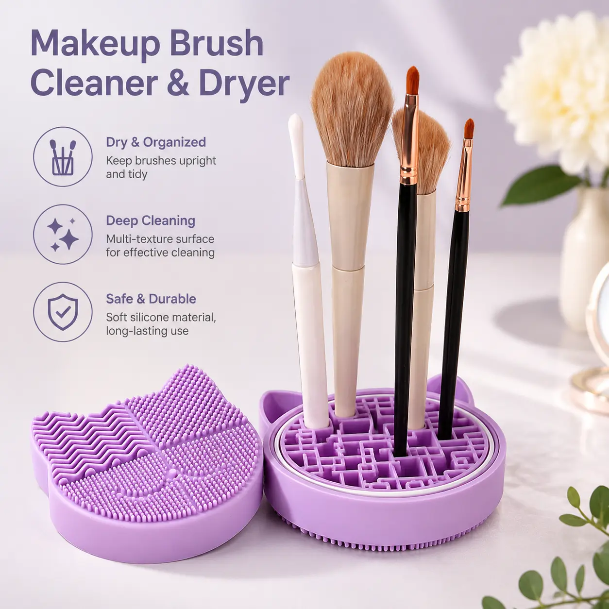 Makeup Brush Silicone Cleaner and Drying Organizer, Multi-textured Scrub Grid Slot Design for Desktop Vanity Brush Washing and Storage