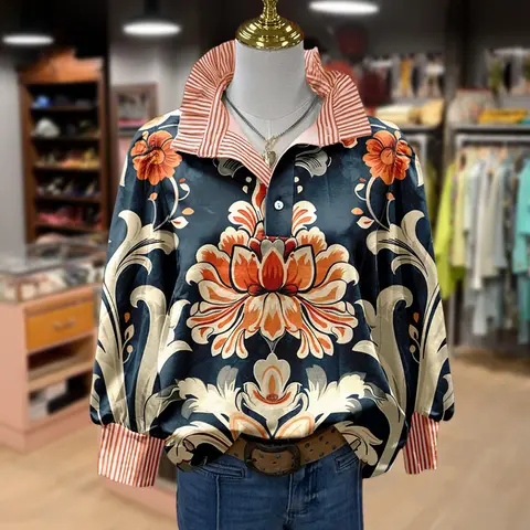 Cherrybetty Vintage Floral Print Striped Collar Long Sleeve Cotton Blouse for Women Elegant Comfortable Casual trending fall clothing women length cute flowy tops FallFreshness For Teachers and Mom