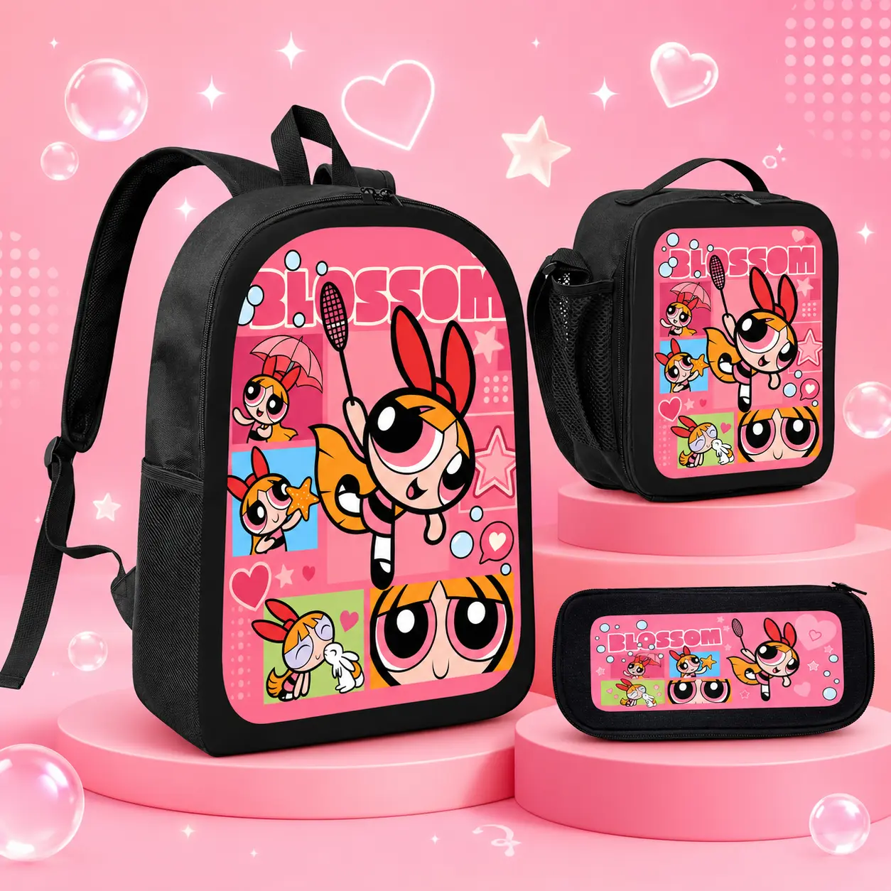 Powerpuff Girls Backpack Set, TikTok Viral Kawaii Student Bookbag with Lunch Bag & Pencil Case, Lightweight Kids Backpack