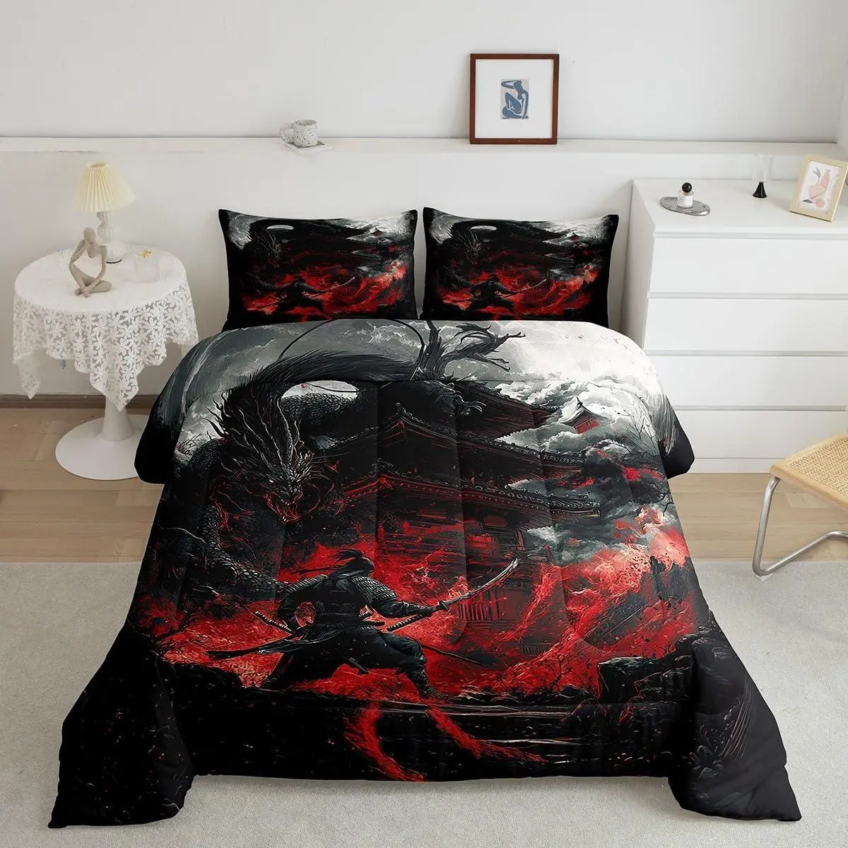 Dragon Comforter Set Japanese Style Comforter for Boys Girls Teens Samurai Bedding Set Dragon Decor Duvet Set Room Decor Black Red Quilt Set