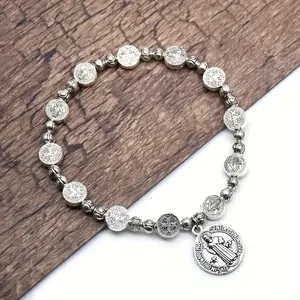 Saint Benedict Medal Bracelet for Women Men, Vintage Catholic Beaded Alloy Prayer Jewelry, Elastic Stretch Band