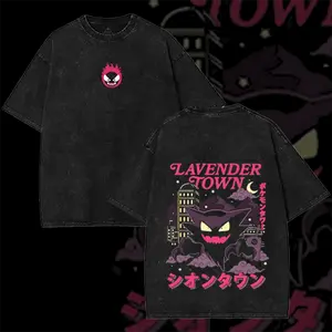 Retro 90s PKM Lavender Town Ghost Vintage Washed Graphic T-Shirt, Anime Double-Sided Oversized Tee, Unisex Heavyweight Cotton Streetwear Top, Manga Fan Merch Gift kk34