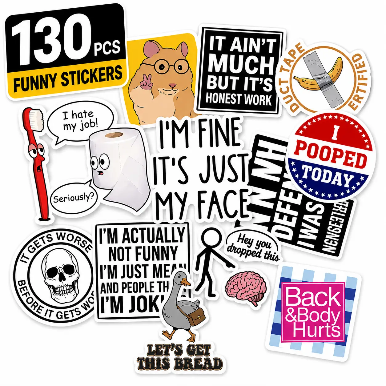 130PCS Hilarious Meme Sticker Pack for Adults – No Duplicates, Snarky Sarcastic Humor Waterproof Vinyl Decals, Trendy Funny Stickers for Laptop, Hydro Flask, Phone, Car, Journal, Hard Hat – Perfect Prank Present for Men & Women